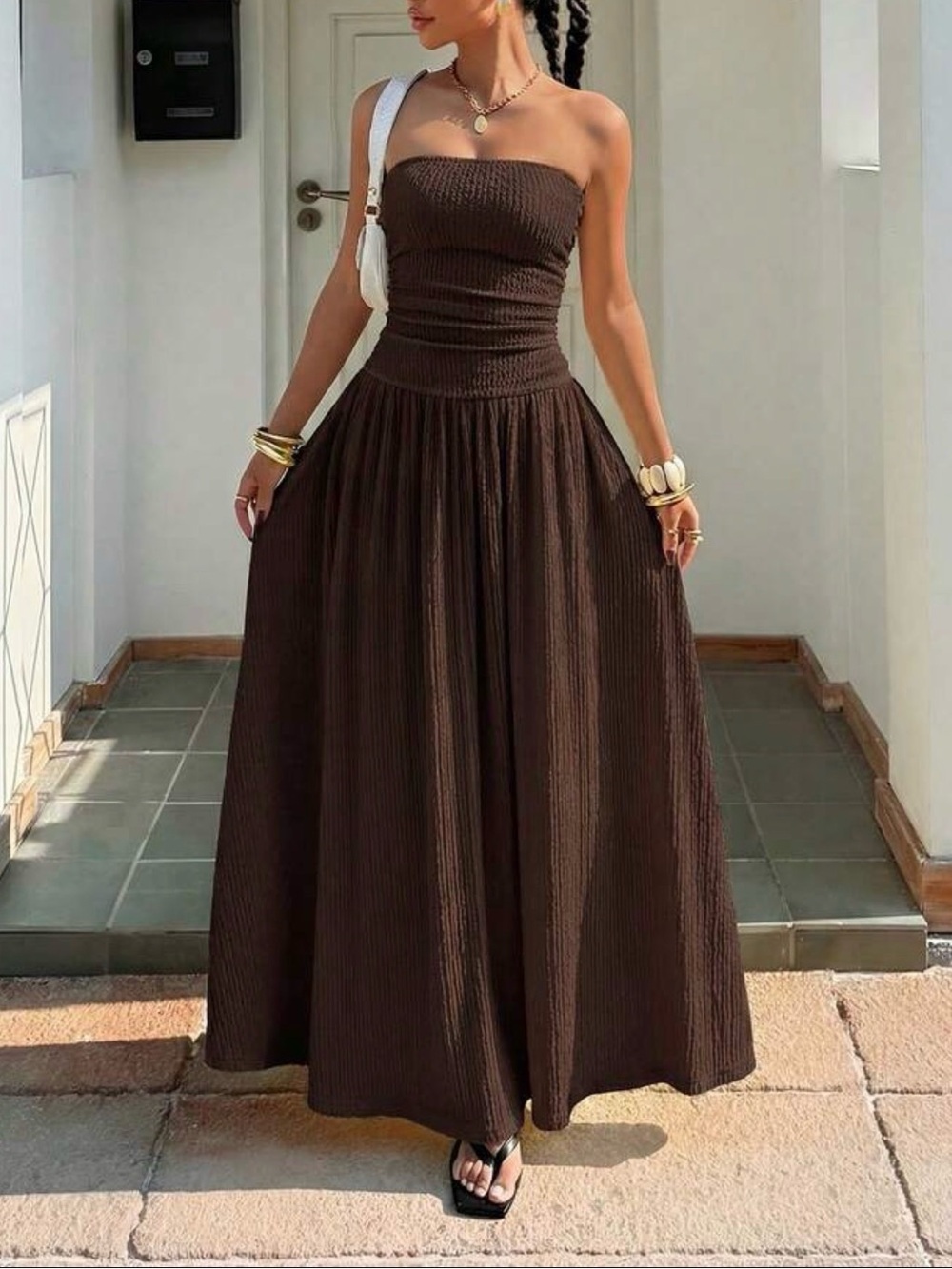Women’s Strapless Smocked Maxi Dress - Brown